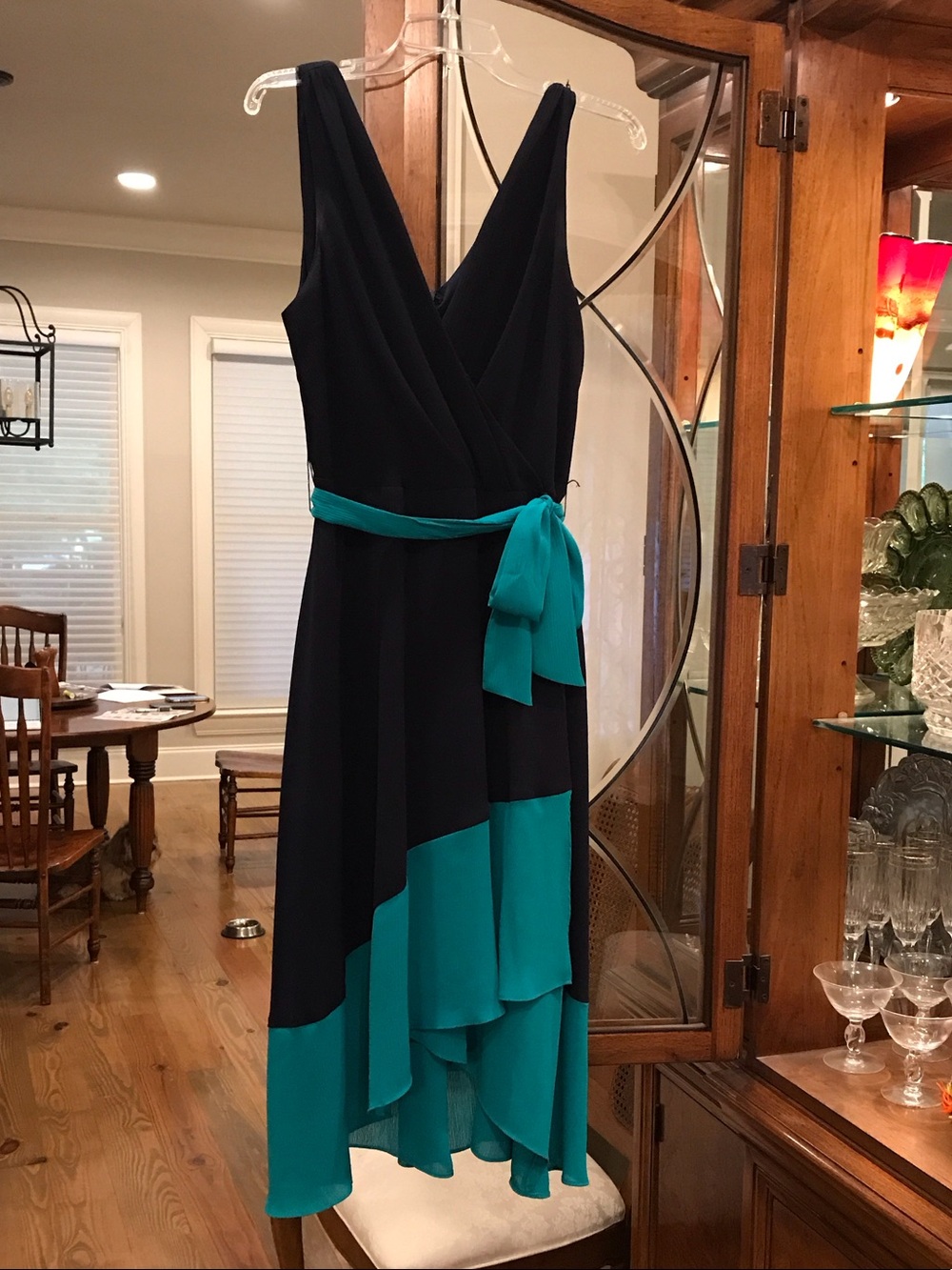DKNY Navy and Teal High-Low Wrap Dress